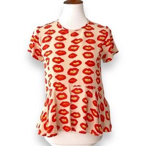 Essentiel Antwerp Beige Silk Lip Graphic Print Blouse Top Size EU 34 | US 2
